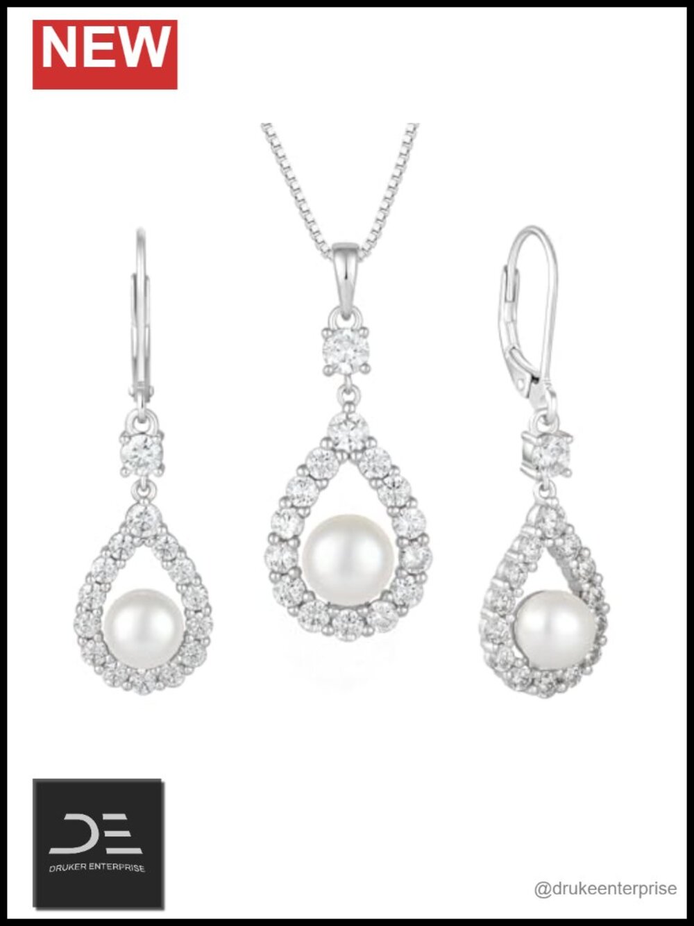 Freshwater Pearl Jewelry Set 925 Sterling Silver CZ Teardrop Pendant Necklace